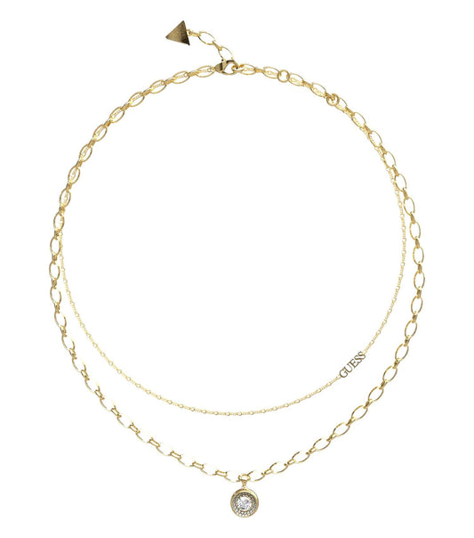 Guess Jewellery gold necklace, front-facing, showing elegant chain design and delicate pendant, iconic for showcasing timeless style.