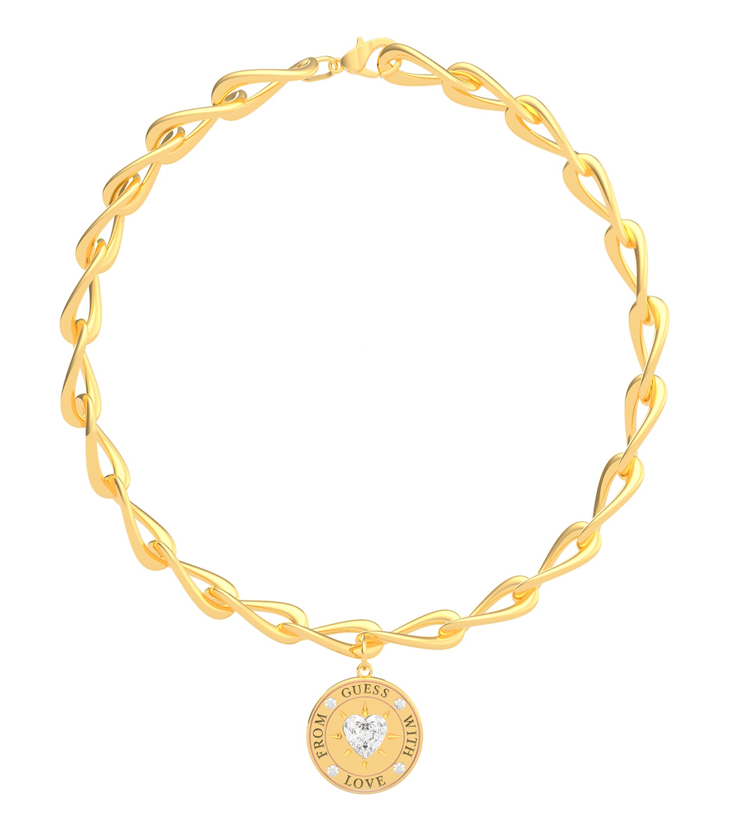 Elegant gold Guess Jewellery necklace at a front-facing angle, showcasing intricate design and timeless appeal against a simple background.