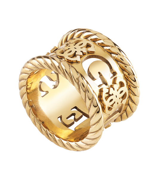 Yellow Guess Jewellery ring in antique gold finish, side angle view, showcases elegance and craftsmanship with passion.