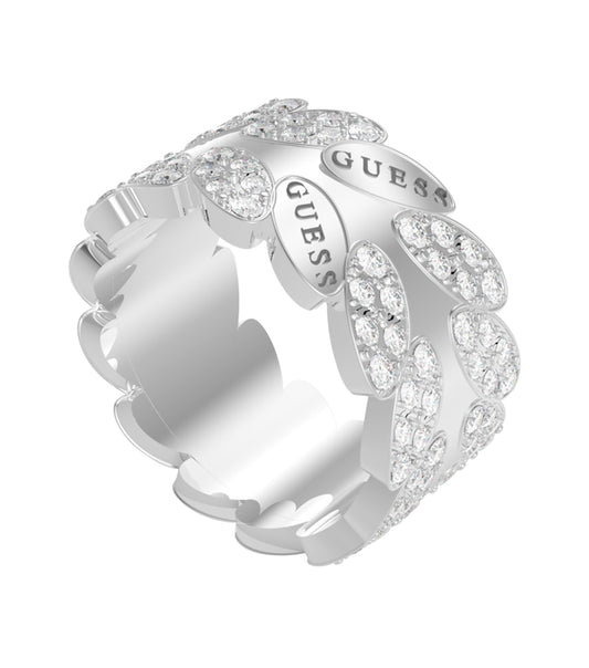 GUESS Jewellery dazzling silver ring, angled front-left view showcasing sleek modern design and elegant craftsmanship.