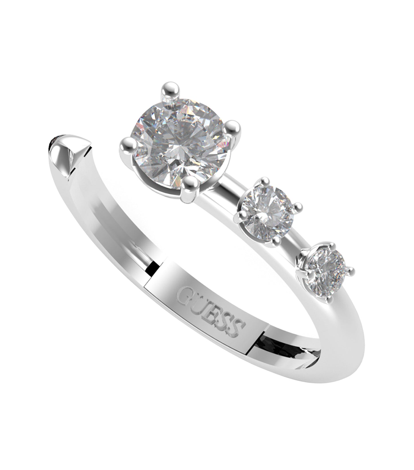 Elegant Guess Jewellery silver ring pictured in a stylish angled view, showcasing its intricate design and polished finish.