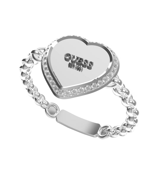 Passionate about Guess Jewellery? Discover this elegant silver ring at a slight left angle, showcasing timeless design.