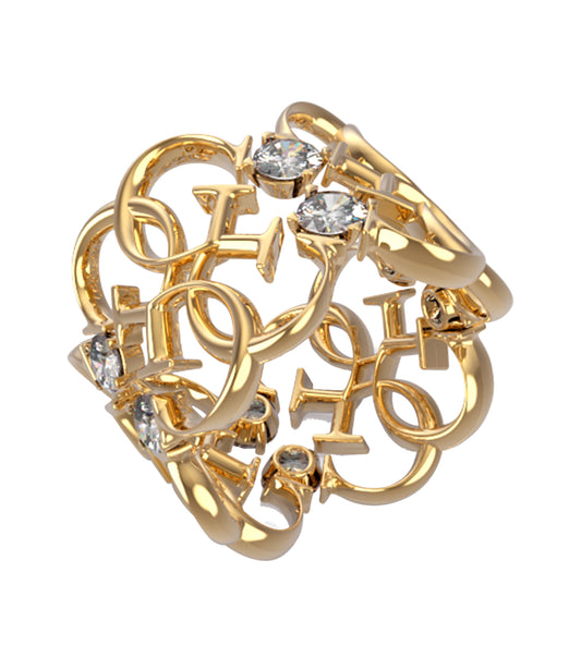Elegant gold Guess Jewellery ring, side angle view, showcasing intricate design details, perfect for passionate fashion enthusiasts.