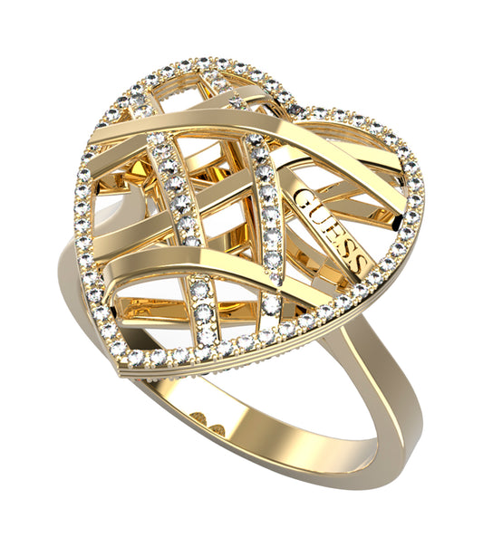 Elegant Guess Jewellery gold ring with a sleek, polished finish, showcased at a 45-degree angle for a luxurious appeal.