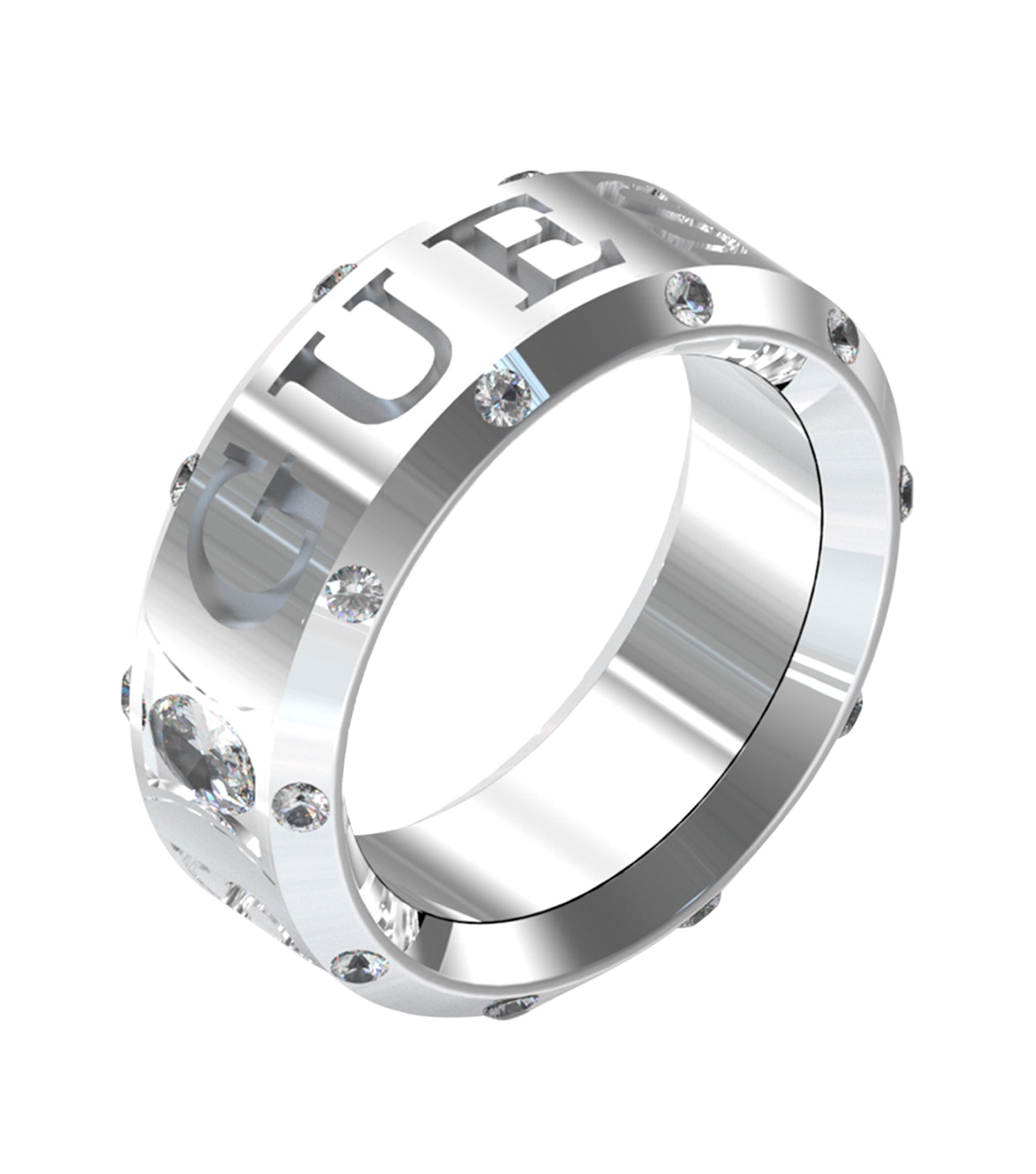 Silver and gold Guess jewellery ring with bold round face, displayed flat with a side angle, embodying elegance and style.