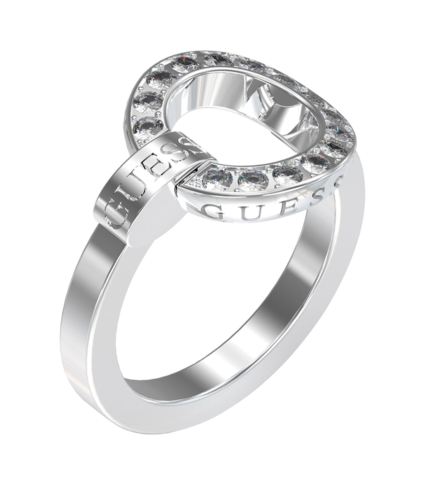 Elegant Guess Jewellery silver ring showcased from a top-down angle, highlighting its smooth band and reflective finish.