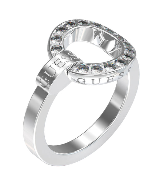 Elegant Guess Jewellery silver ring showcased from a top-down angle, highlighting its smooth band and reflective finish.