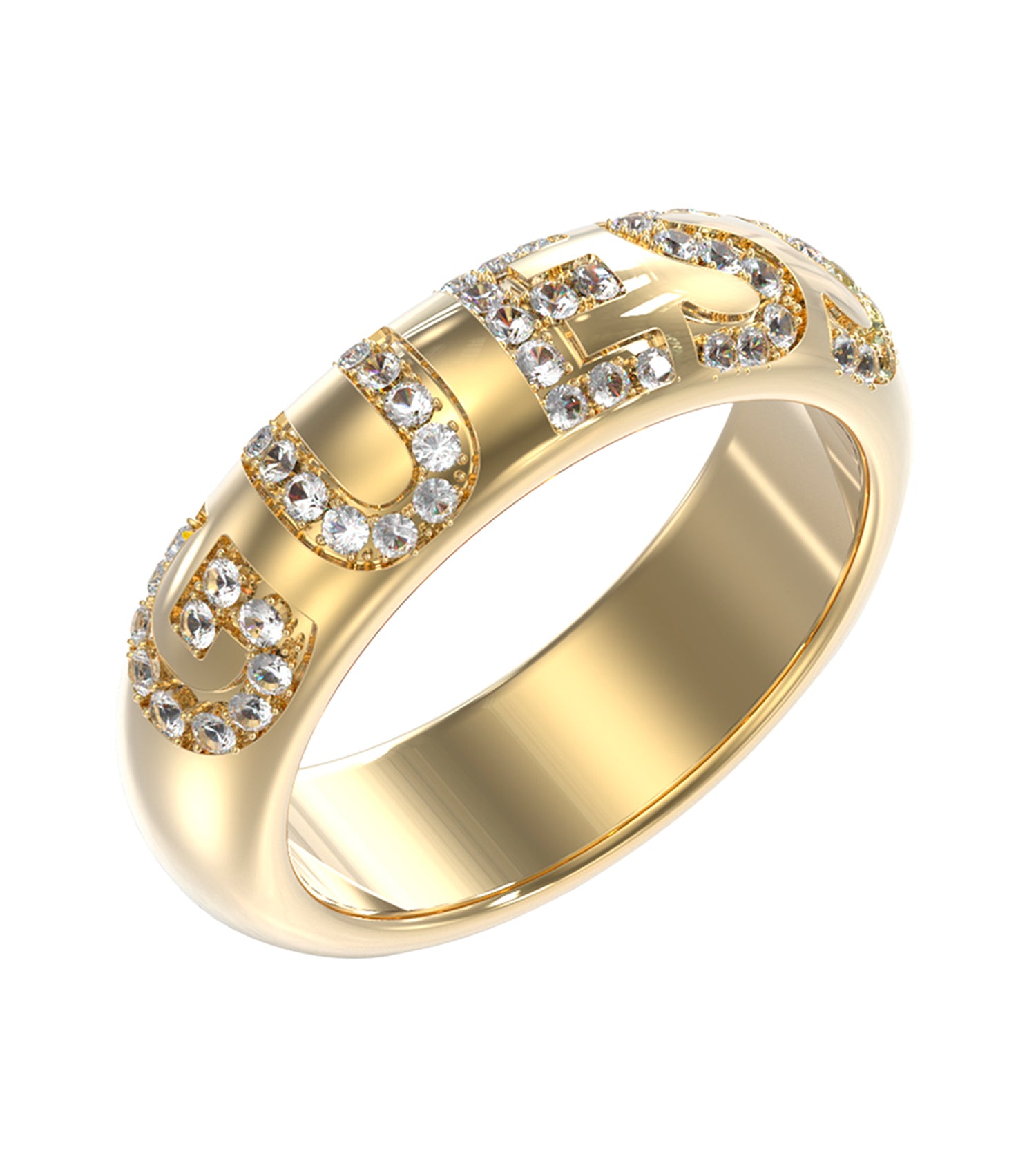 Guess Jewellery gold ring with a sleek, contemporary design, photographed from a front angle, showcasing its elegant form.