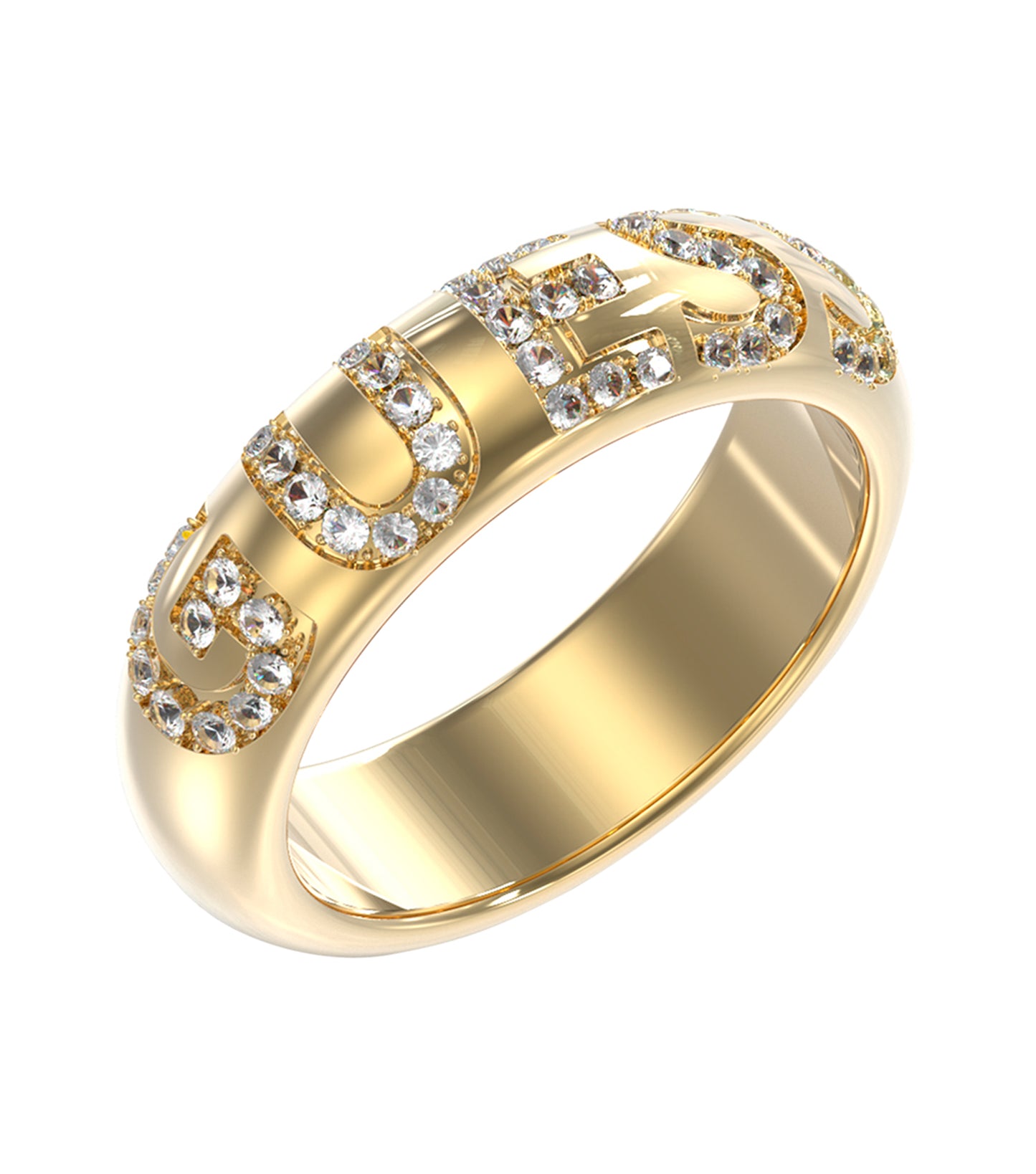 Guess Jewellery gold ring with a sleek, contemporary design, photographed from a front angle, showcasing its elegant form.