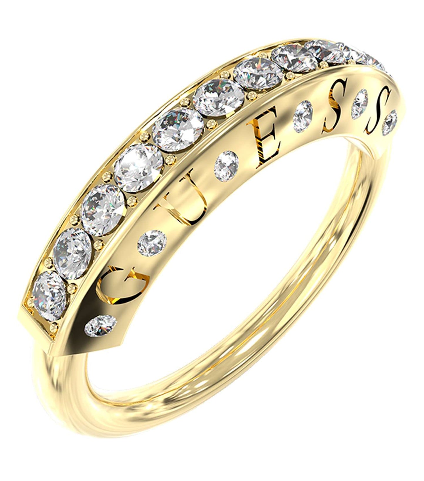 Gold-colored Guess Jewellery ring showcased from a tantalizing top angle, highlighting its lustrous finish and elegant design details.