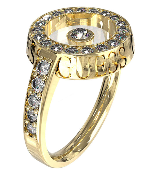 Gold Guess Jewellery ring, elegantly angled for a captivating side view, showcasing its sleek, polished band and intricate design.