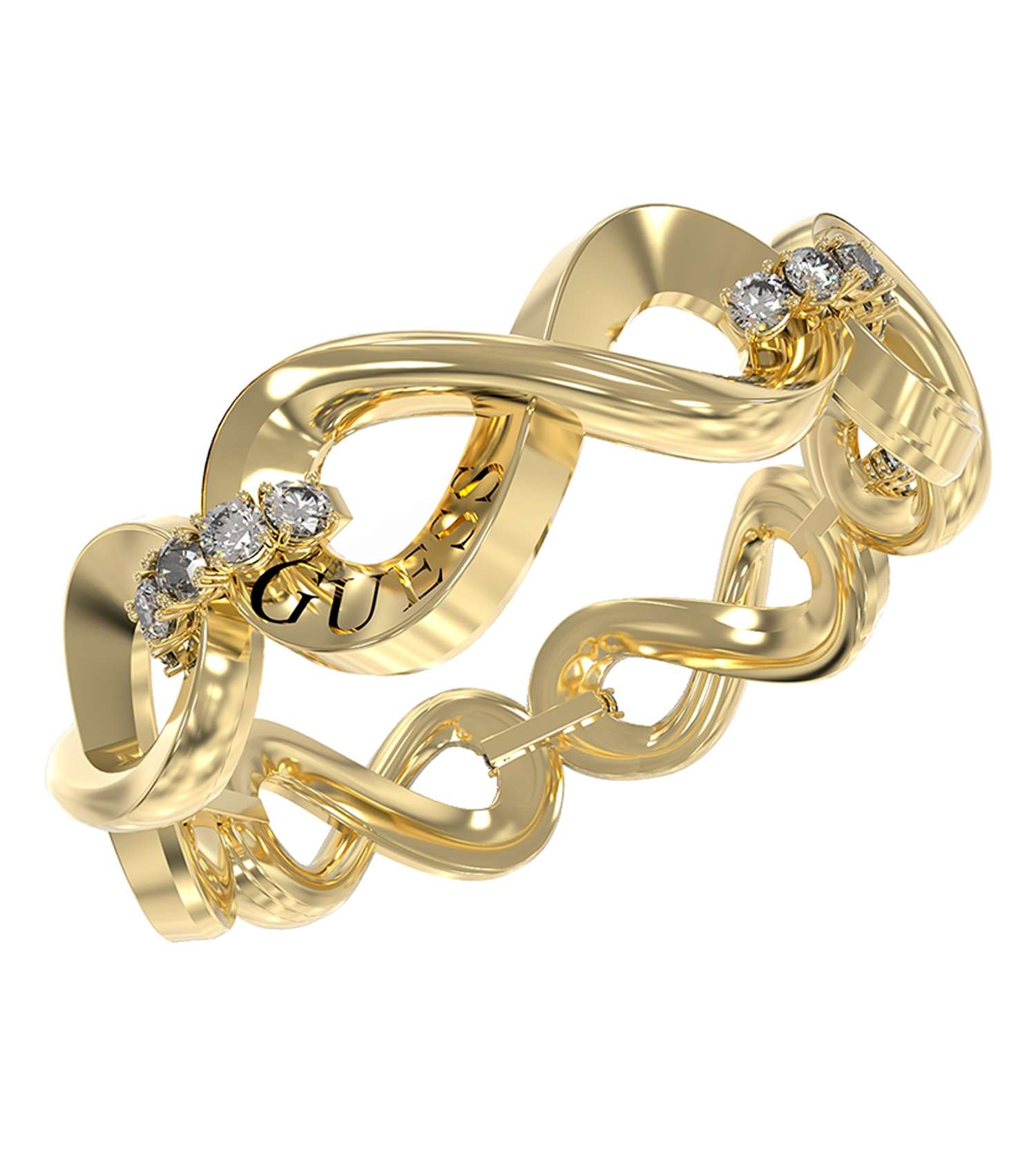 Passionate side view of Guess Jewellery gold color ring, showcasing its elegant design and luxurious gold finish.