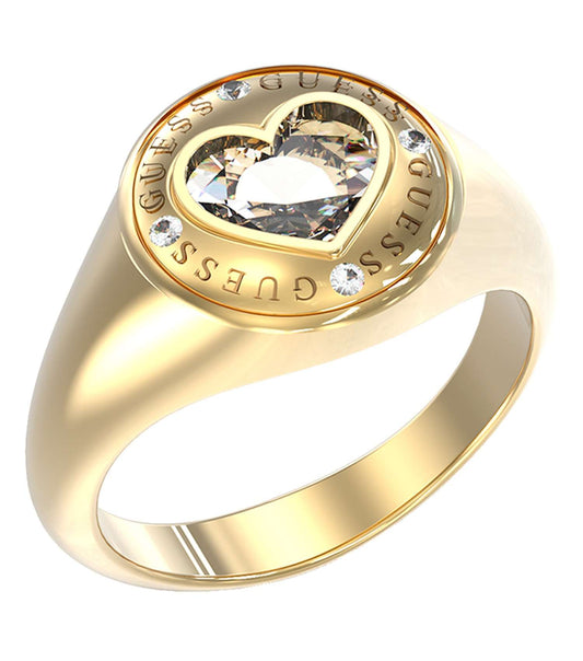 Guess Jewellery elegant gold ring, close-up from the side showing intricate design details, exudes sophisticated charm.