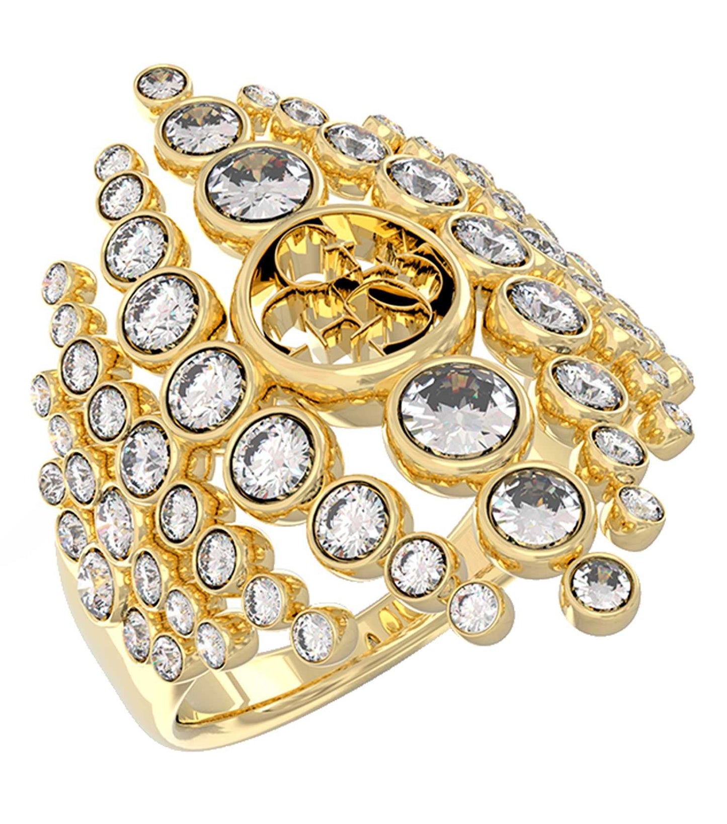 Guess Jewellery gold ring featuring a sleek, elegant design positioned at a captivating 45-degree angle on a white background.