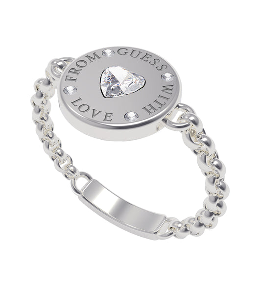 Elevate your style with the GUESS Jewellery silver ring, showcased at a dynamic front angle, elegantly highlighting its polished finish.