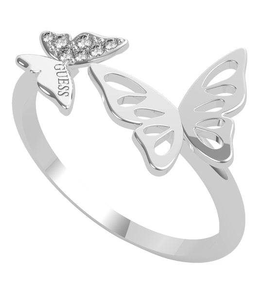 Silver steel Guess Jewellery ring in focus, angled top-down; stylish design highlighting smooth finish and reflective surface.
