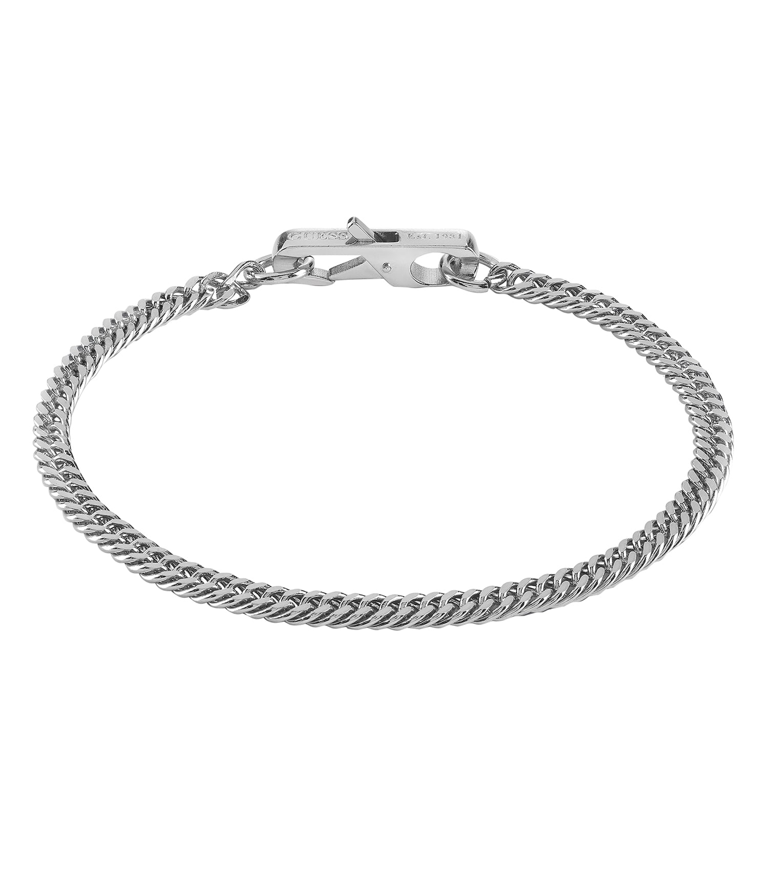 Silver Guess Jewellery bracelet at a frontal angle, featuring a sleek design and polished surface perfect for effortless elegance.
