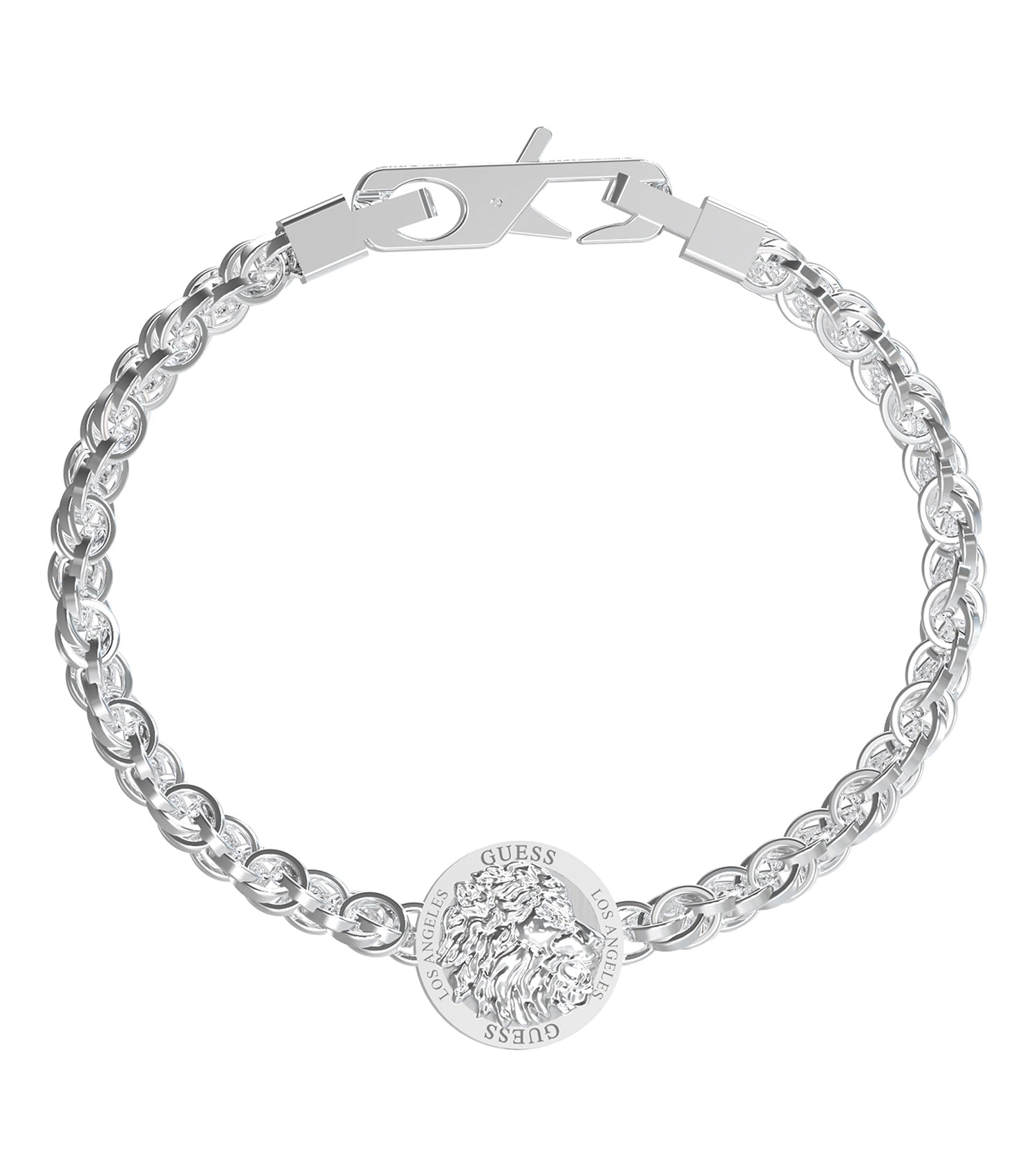 Guess Jewellery silver bracelet with elegant design, angled top view showcasing intricate detailing and sleek craftsmanship.