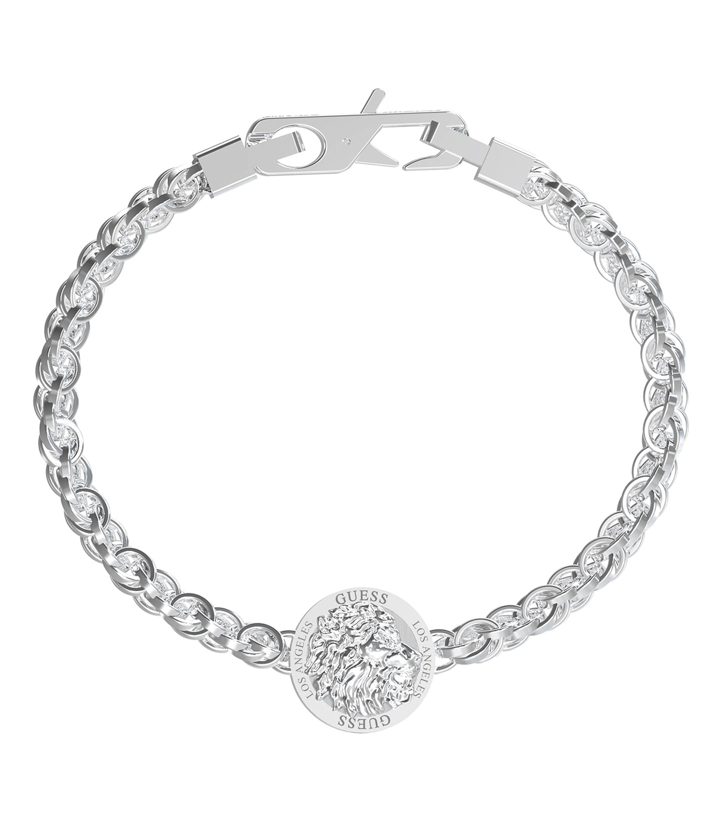 Guess Jewellery silver bracelet with elegant design, angled top view showcasing intricate detailing and sleek craftsmanship.