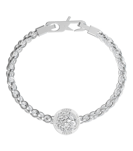 Guess Jewellery silver bracelet with elegant design, angled top view showcasing intricate detailing and sleek craftsmanship.