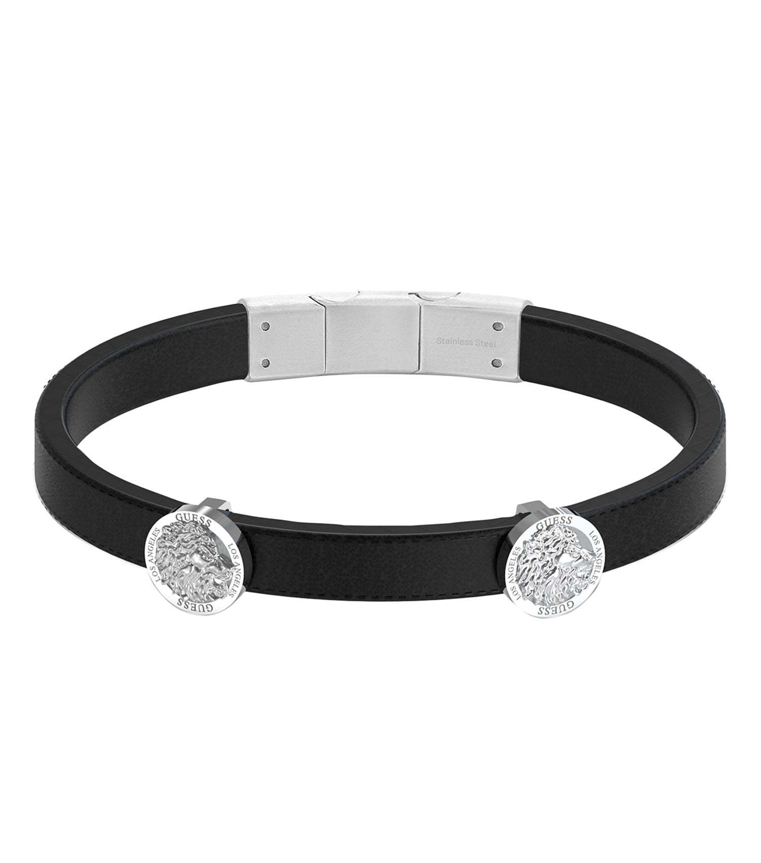 Silver Guess Jewellery Bracelet angled slightly to the right, showcasing elegant design and polished finish against a soft, neutral background.