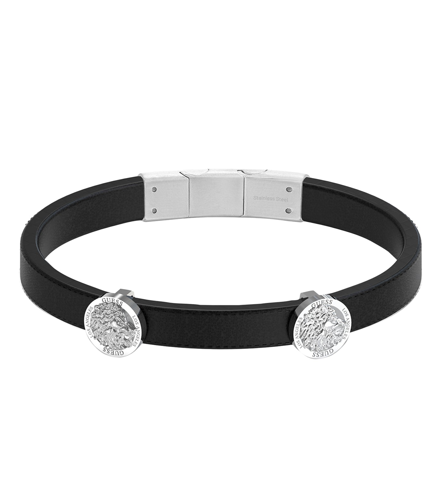 Silver Guess Jewellery Bracelet angled slightly to the right, showcasing elegant design and polished finish against a soft, neutral background.