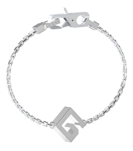 Elegant Guess Jewellery silver bracelet with a sleek, flowing design, beautifully captured from a top-down angle.