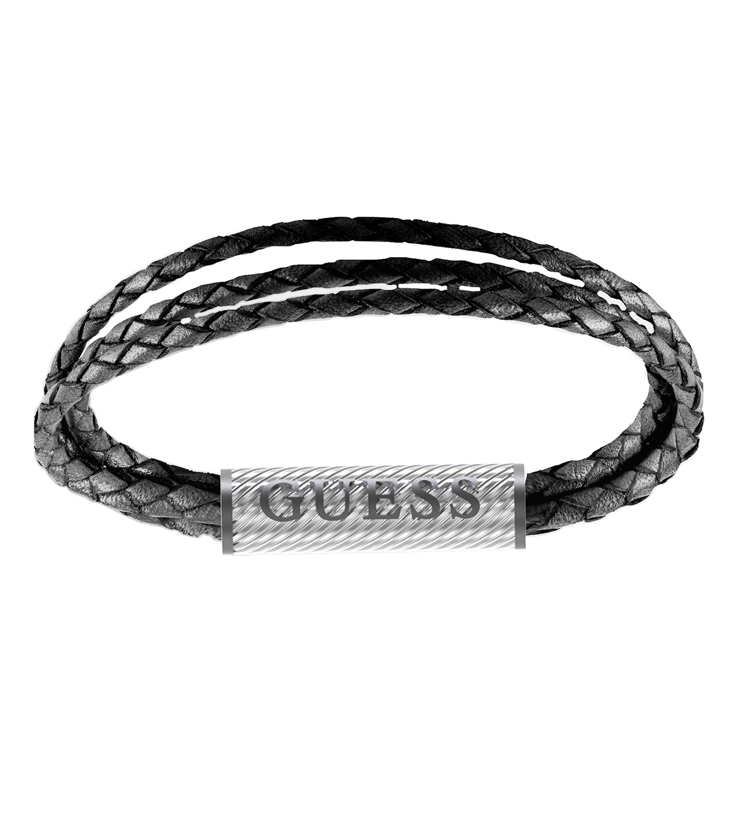 Guess Jewellery silver bracelet, showcasing a shimmering design, elegantly angled for a detailed view, perfect for fashion enthusiasts.