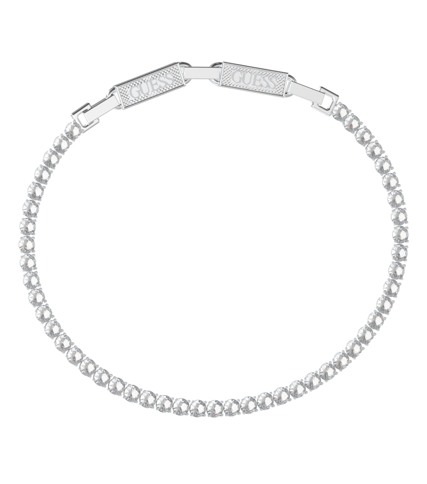Elegant Guess Jewellery bracelet in a captivating silver gold color, displayed at a dynamic diagonal angle, showcasing its chic design.
