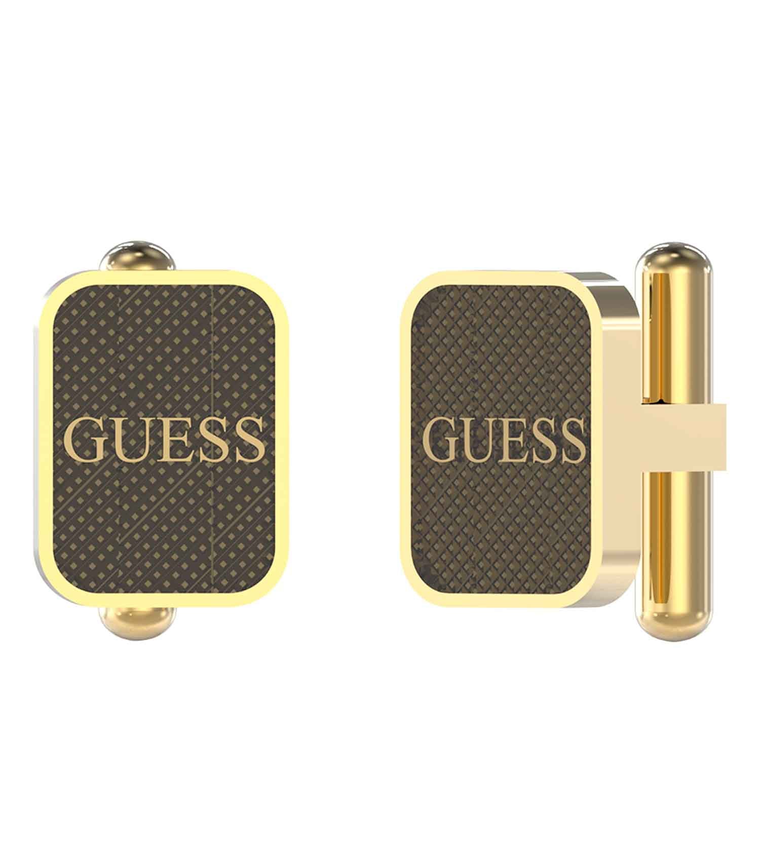  Elegant Guess Jewellery gold and black steel cufflinks, showcased at a slightly angled top-down view, exuding style and sophistication.