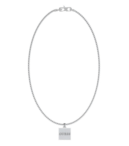 Silver Guess Jewellery necklace displayed from a frontal angle, featuring a sleek chain design and an elegant shimmering finish.