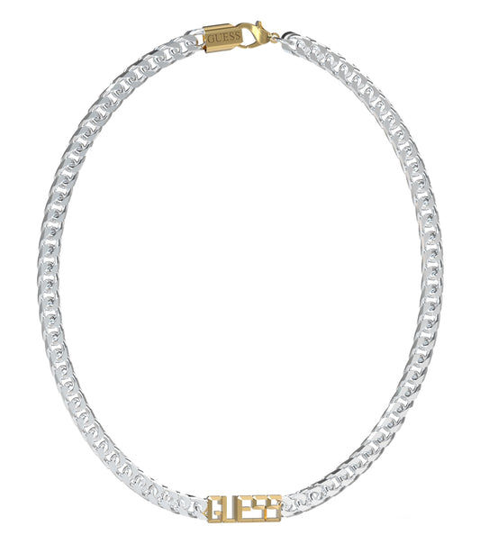 Elegant silver Guess Jewellery necklace displayed at a subtle angle, capturing exquisite detailing and modern sophistication.