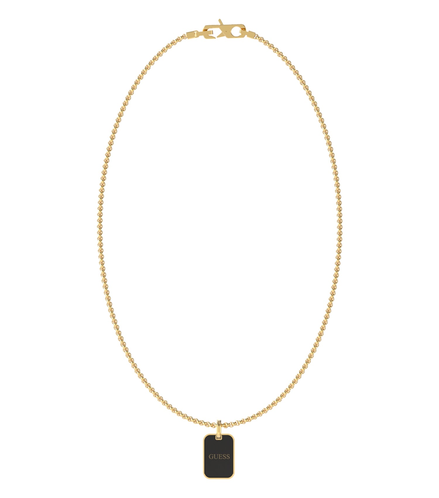 Guess Jewellery gold necklace with a bold black accent, elegantly displayed in a close-up front angle shot.