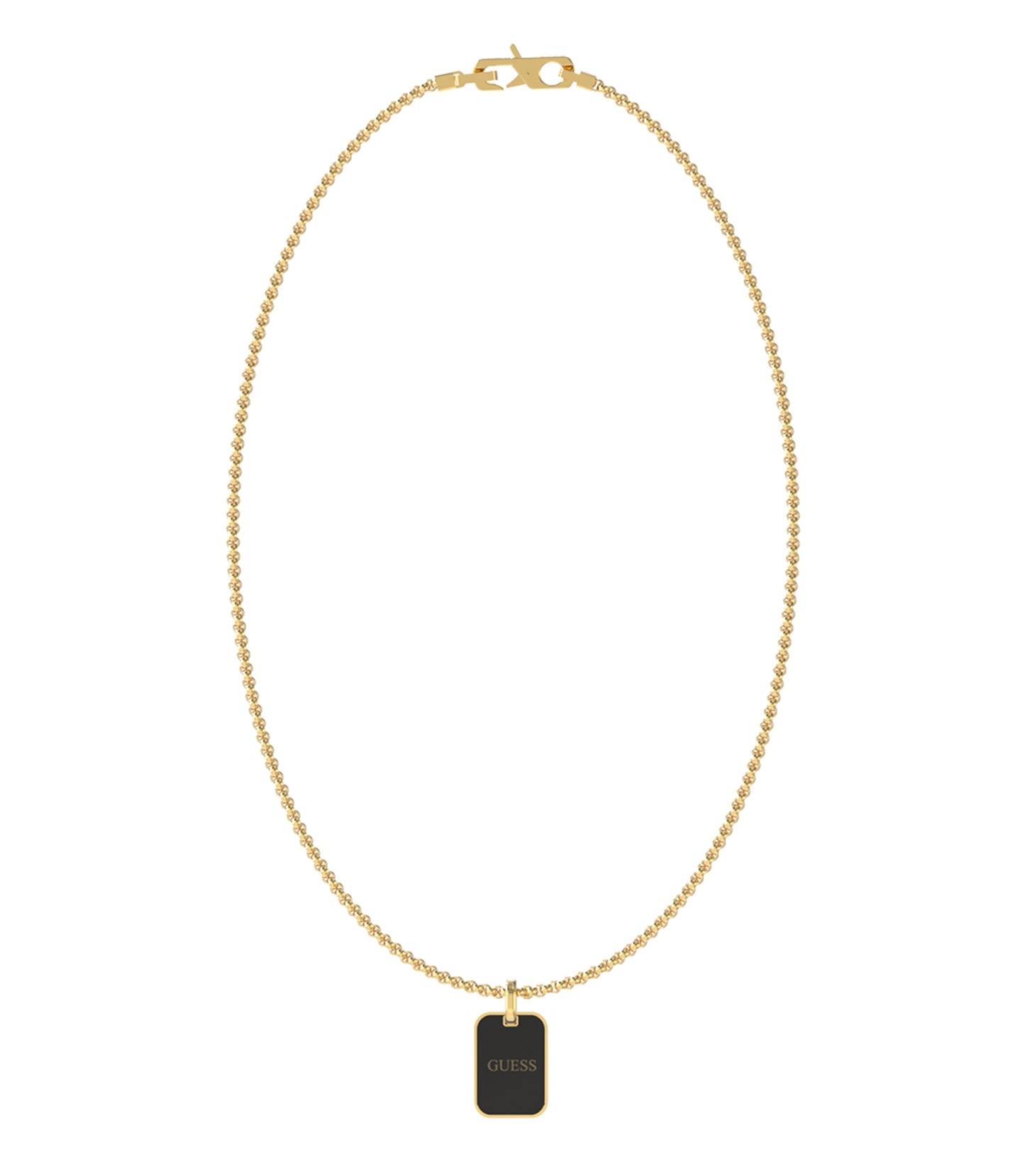 Guess Jewellery gold necklace with a bold black accent, elegantly displayed in a close-up front angle shot.