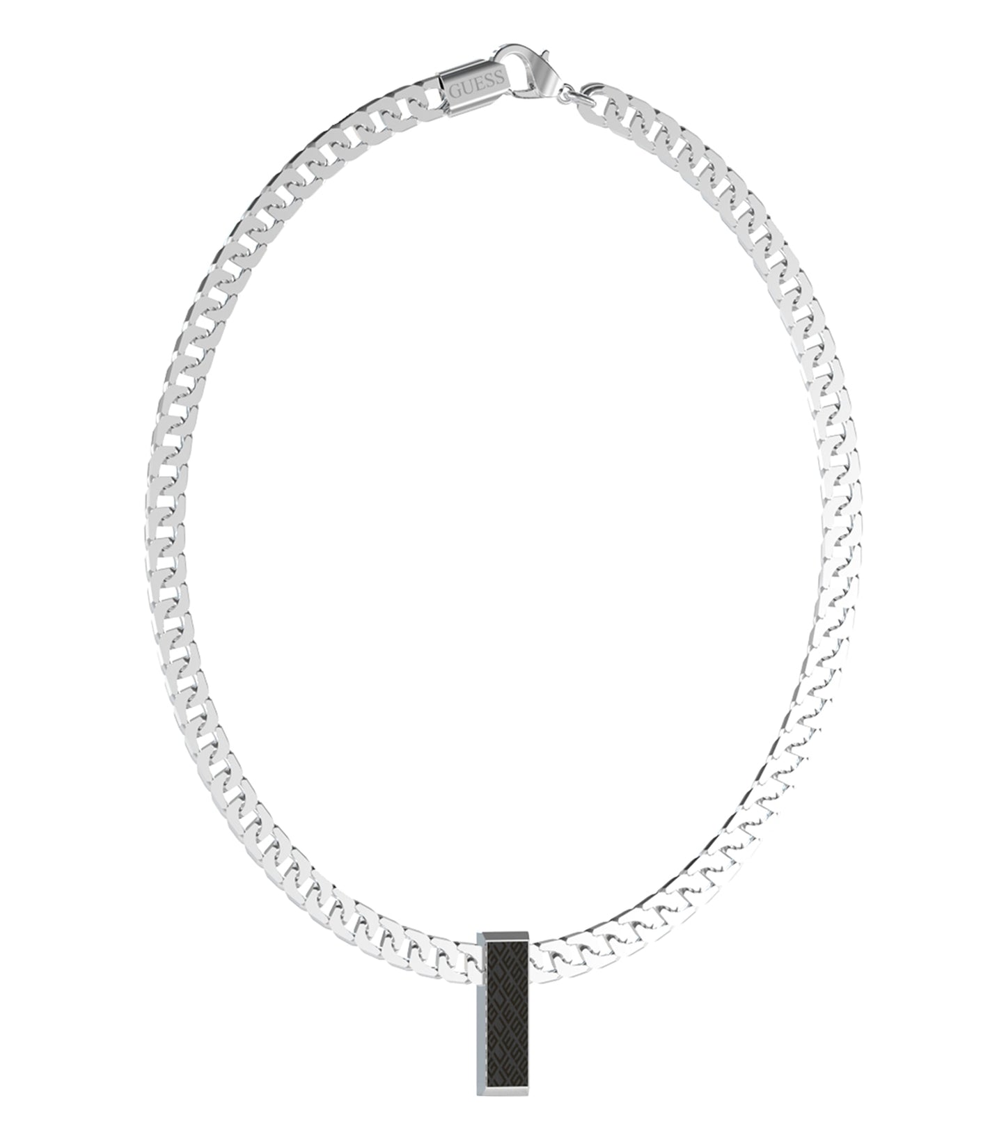 Guess Jewellery silver and black necklace, close-up view, elegant design with interlocking links, showcasing craftsmanship and style.
