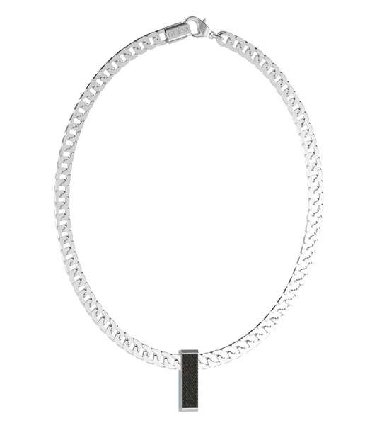 Guess Jewellery silver and black necklace, close-up view, elegant design with interlocking links, showcasing craftsmanship and style.
