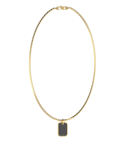 Guess Jewellery gold necklace featuring intricate designs and black accents, angled slightly from the left to showcase elegance.