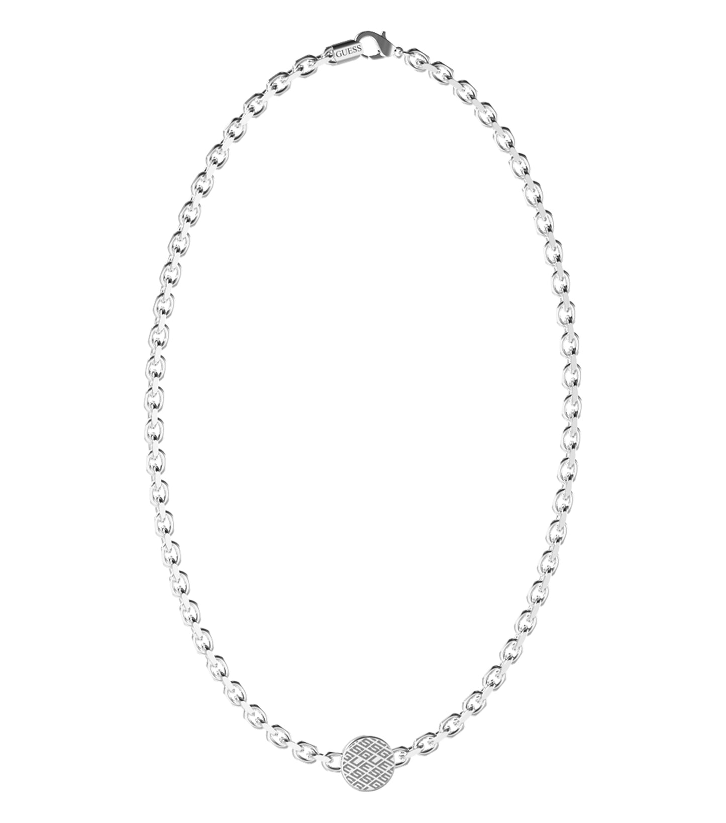Elegant Guess Jewellery silver necklace, front-facing angle, showcasing its refined links and gleaming metallic finish.