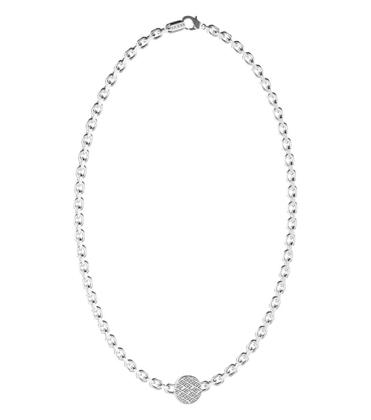 Elegant Guess Jewellery silver necklace, front-facing angle, showcasing its refined links and gleaming metallic finish.
