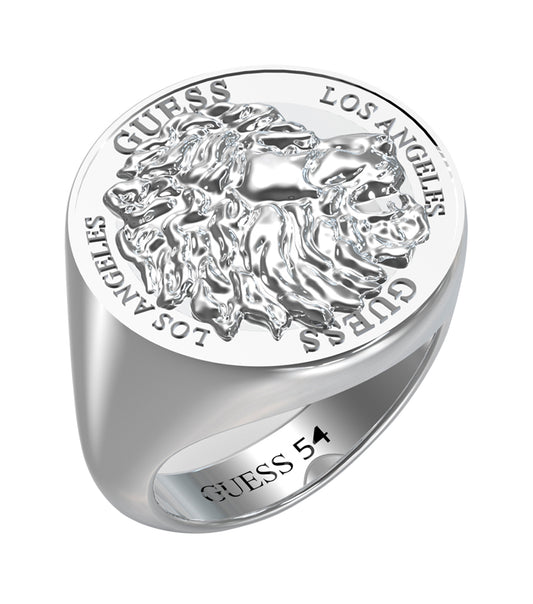 Elegant Guess Jewellery silver ring, angled slightly above for emphasis, capturing its sleek design and brand sophistication.