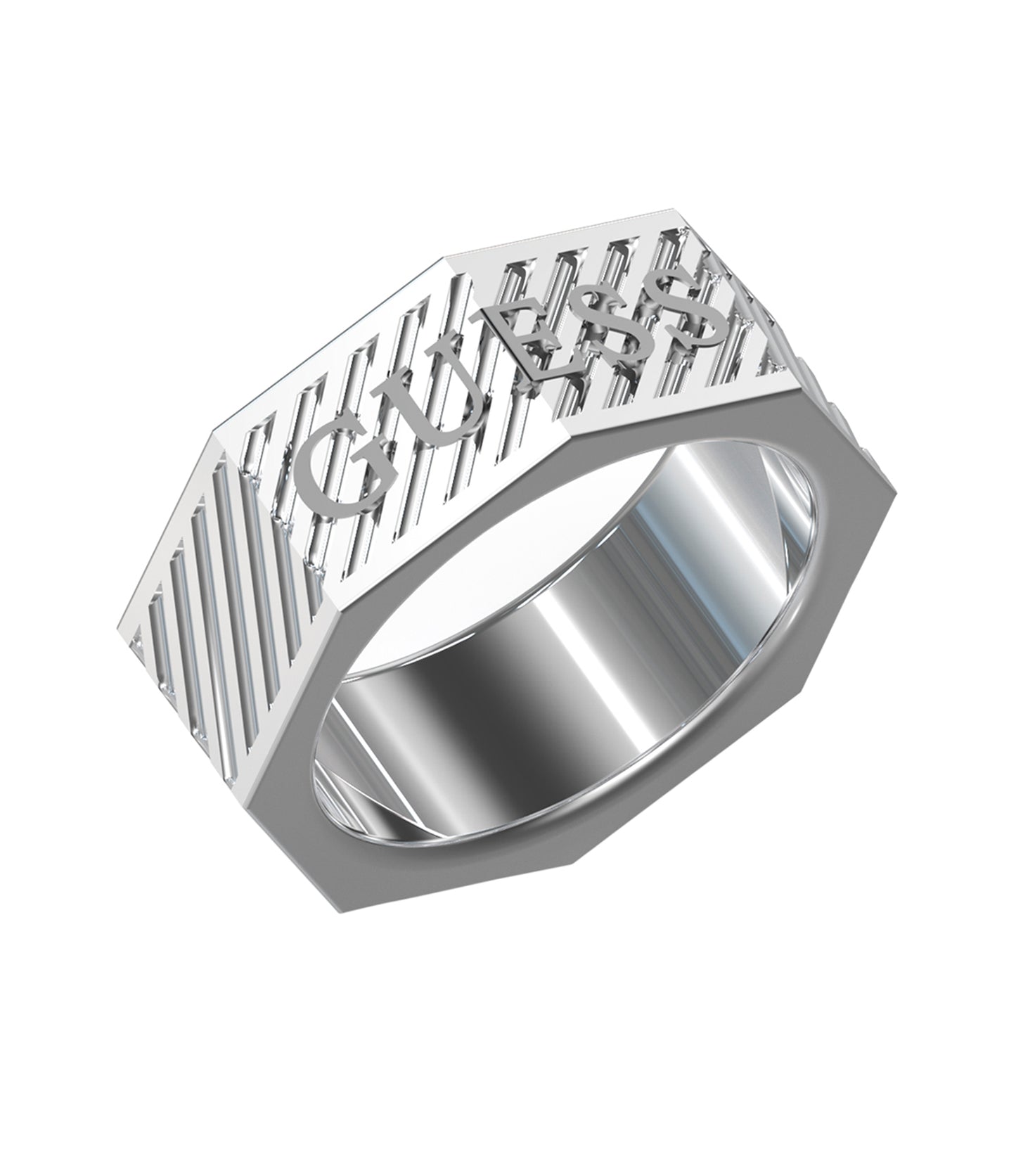 Side view of silver-colored Guess Jewellery ring, showcasing intricate design details and elegant curves, exuding timeless elegance.