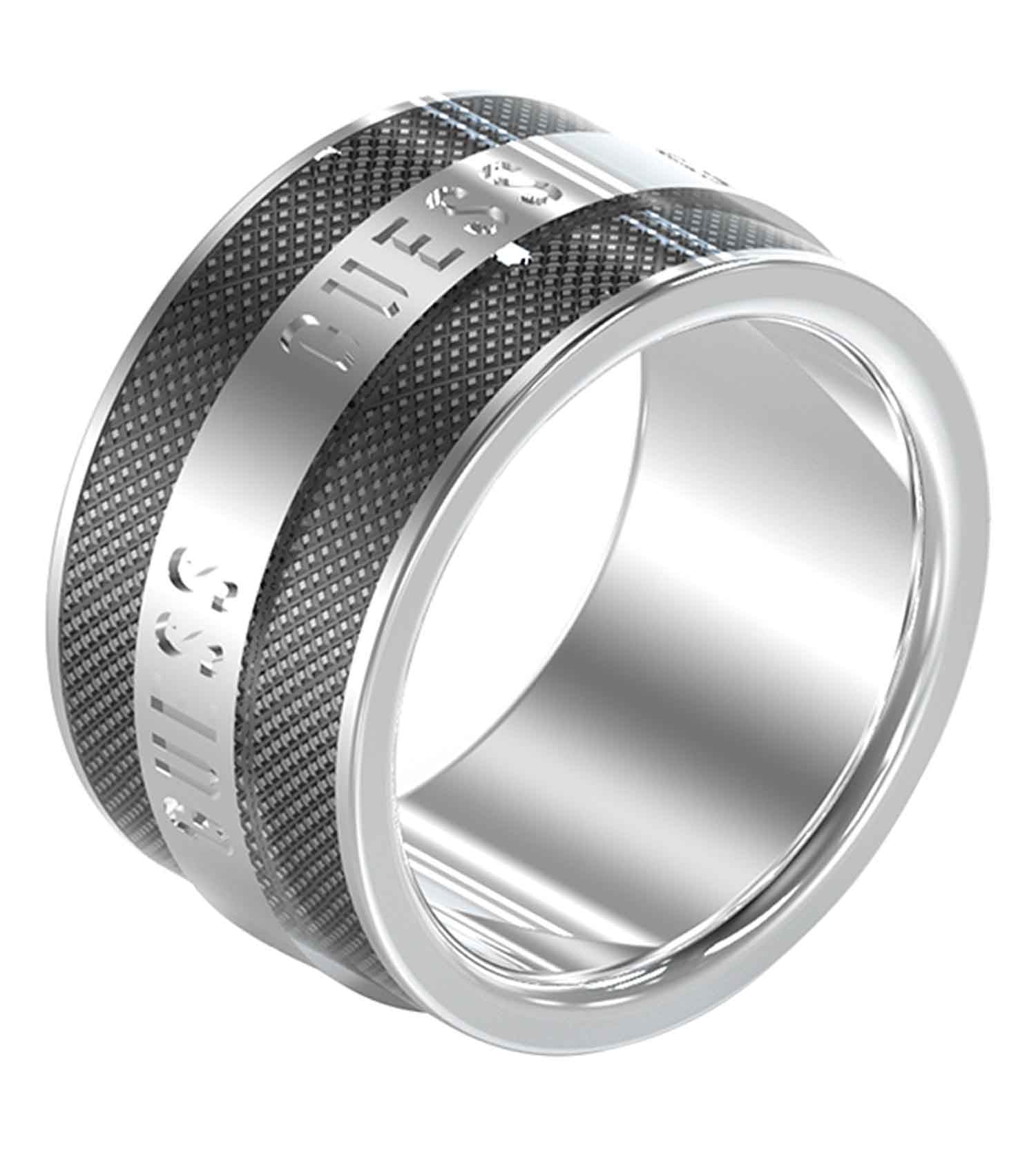 GUESS Jewellery silver and black ring, showcasing an elegant angled top view, perfect for fashion aficionados seeking chic accessories.