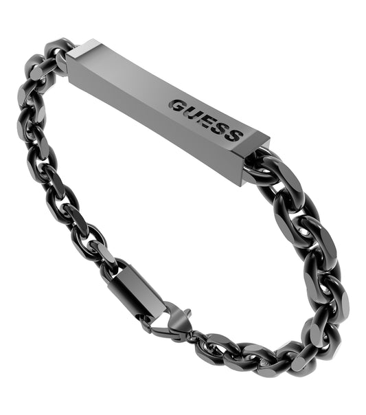 Gunmetal Guess Jewellery bracelet showcasing sleek design and elegance, angled from the top to highlight the intricate clasp details.