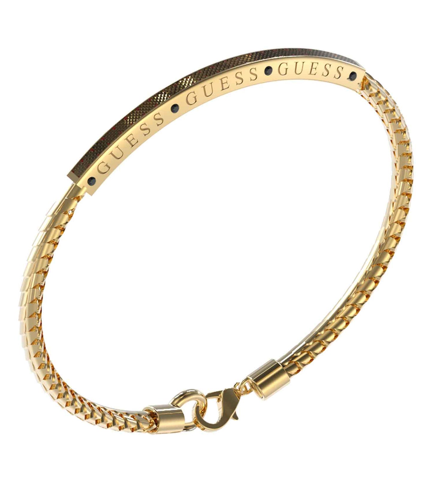 Gold and Black Guess Jewellery bracelet, showcasing its elegant design, captured at an angled top-down view on a sleek surface.