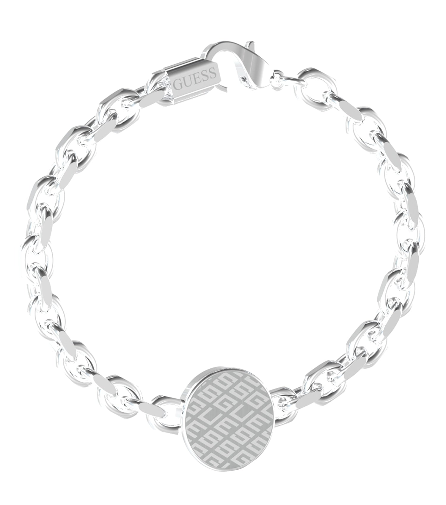 Silver Guess Jewellery bracelet, front angle view, showcasing its sleek, modern design and polished finish, perfect for fashion enthusiasts.