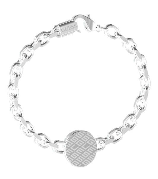 Silver Guess Jewellery bracelet, front angle view, showcasing its sleek, modern design and polished finish, perfect for fashion enthusiasts.