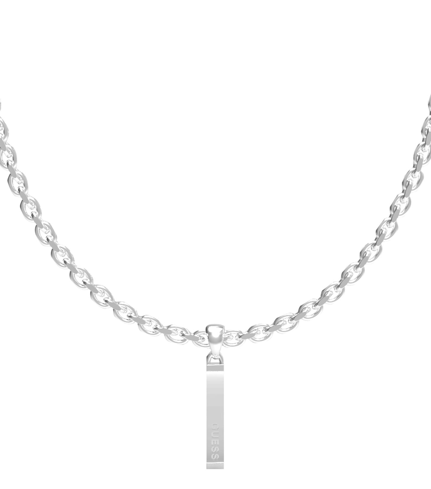 Guess Jewellery gunmetal necklace with sleek pendant, featuring a front-facing angle showcasing its elegant metallic finish.