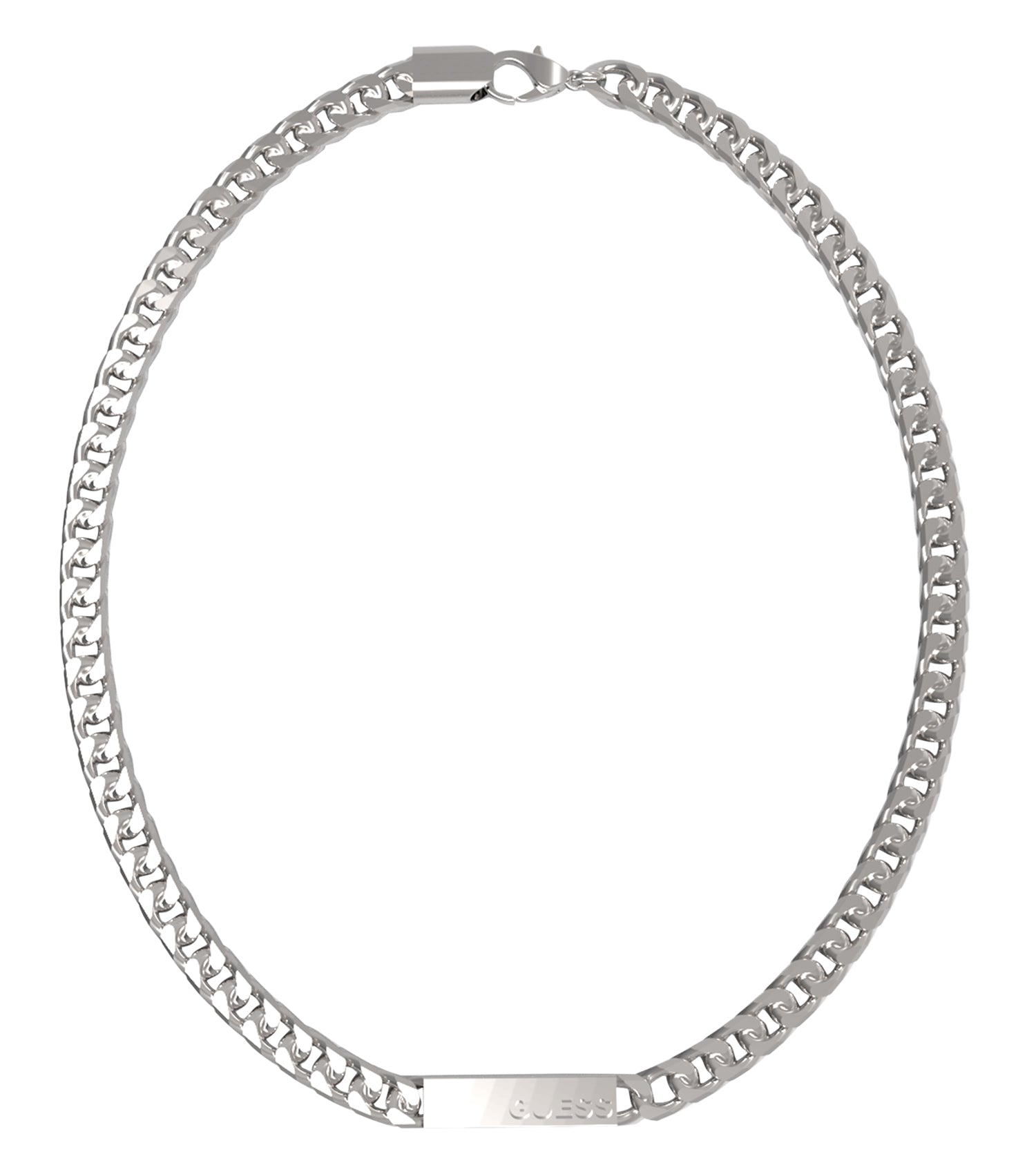 Guess Jewellery silver necklace displayed at a front angle, showcasing a sleek, elegant design on a minimalist gray background.