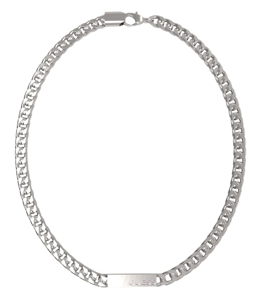 Guess Jewellery silver necklace displayed at a front angle, showcasing a sleek, elegant design on a minimalist gray background.
