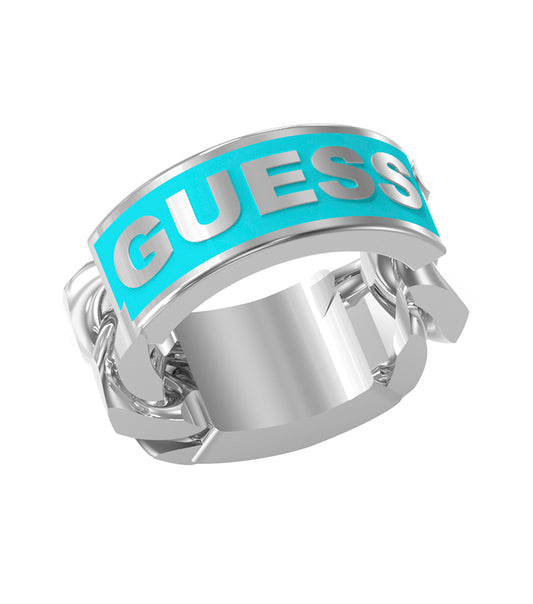 Guess Jewellery silver ring, eye-catching top-down angle, sleek design and modern aesthetic showcasing brand's elegance and style.